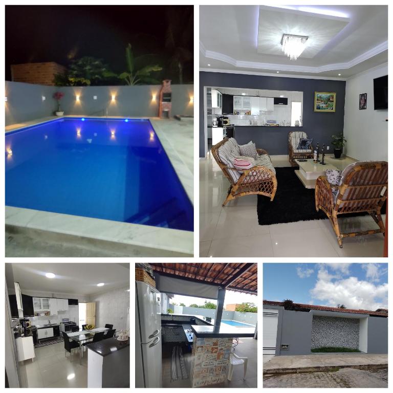 a collage of photos with a swimming pool in a house at casa de temporada em Piranhas ótimo lugar e conforto lila in Piranhas