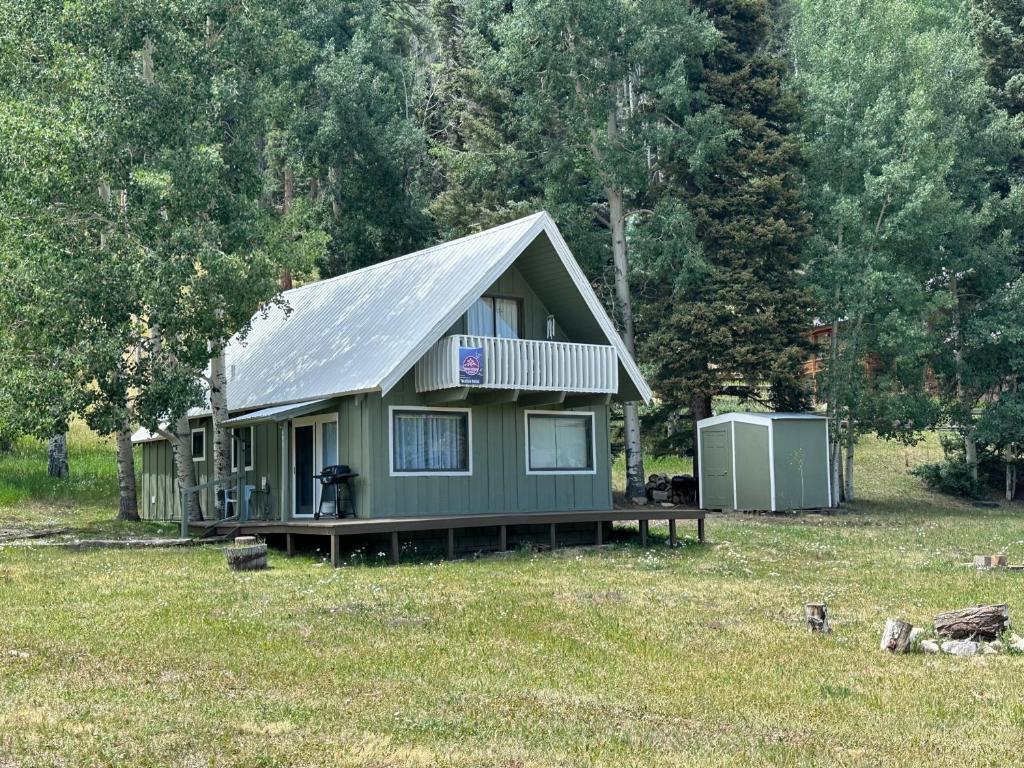 a green house with a metal roof in a field at Aspen Hollow In The Upper Valley With High Speed Wifi in Red River