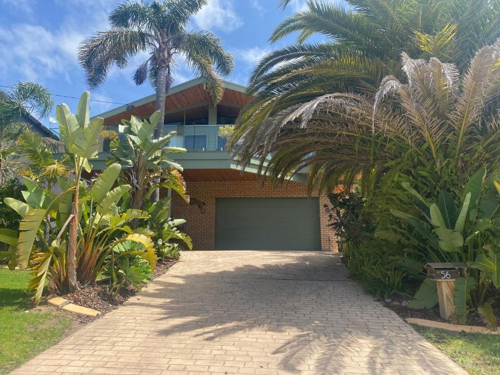 a driveway leading to a house with palm trees at 56 Culgoa Crescent, Pambula Beach in Pambula Beach