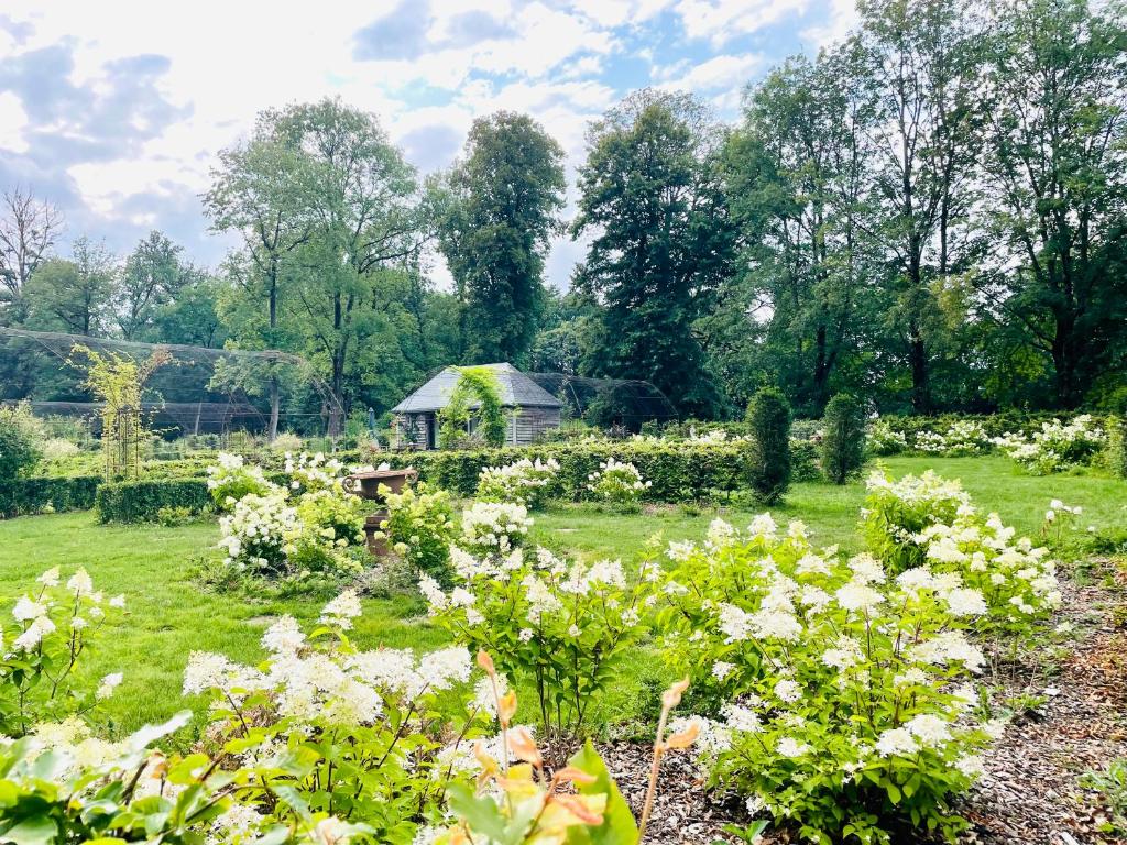 a garden with a gazebo in the background at Cabane de l'R-mitage in Modave