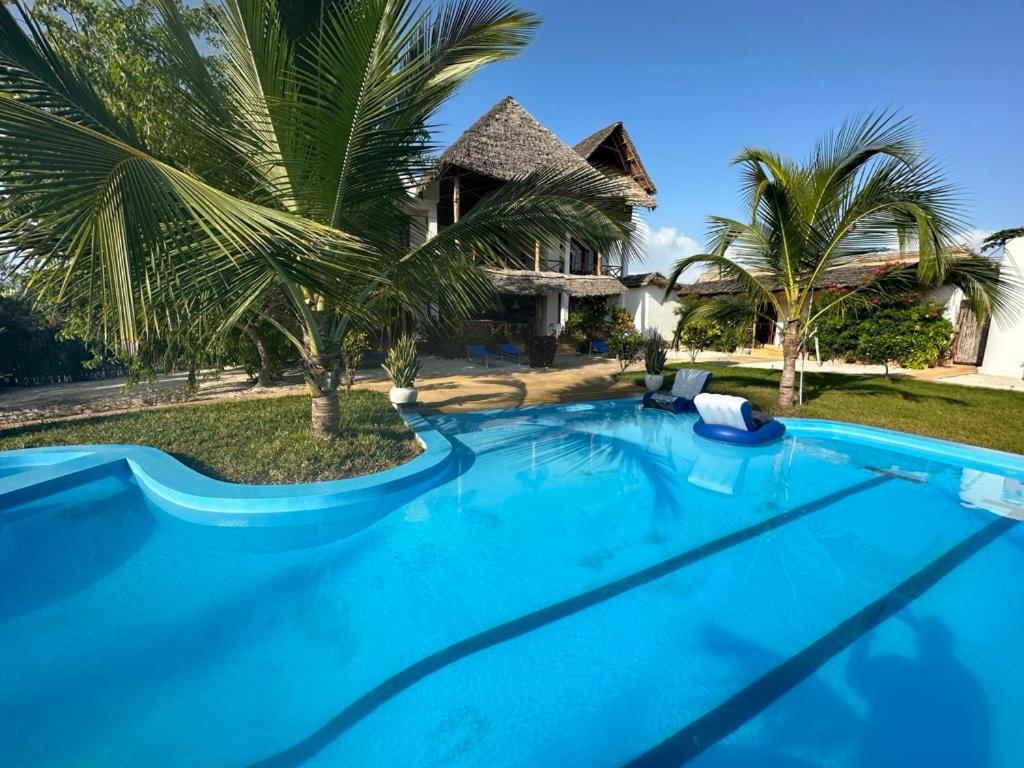 a swimming pool in front of a house with palm trees at HOOM in Bwejuu