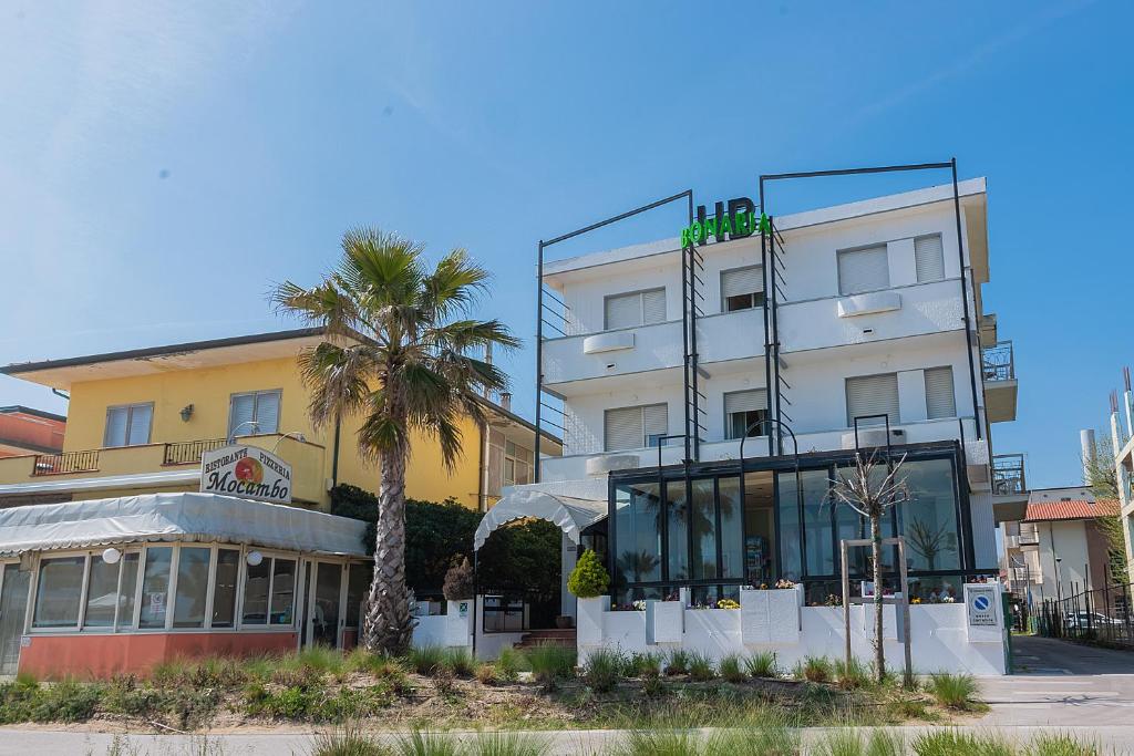 a building with a palm tree in front of it at Hotel Bonaria in Rimini