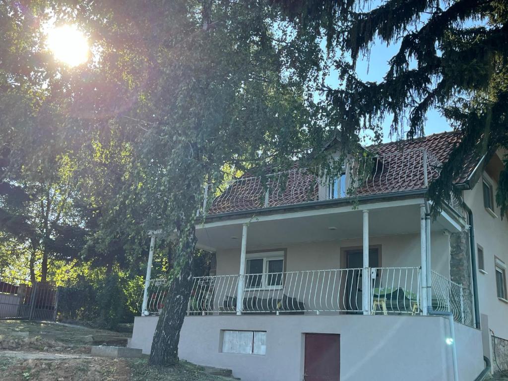a white house with a balcony and a tree at Vila Vera Novosadska 15 in Velika Remeta