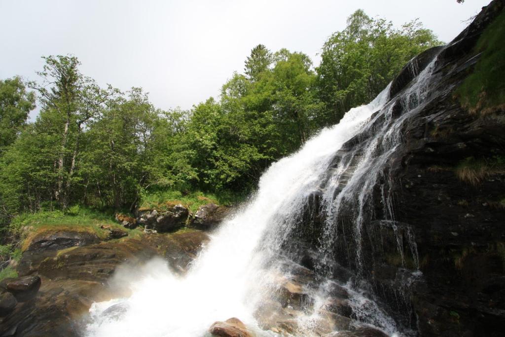 a waterfall on the side of a river at Vinje Camping in Geiranger