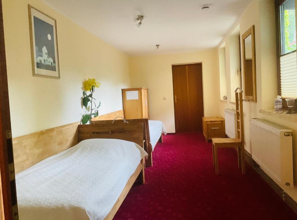 Habitación de hotel con 2 camas y alfombra roja en Ferienwohnung „Familie Mehle“, en Wernigerode