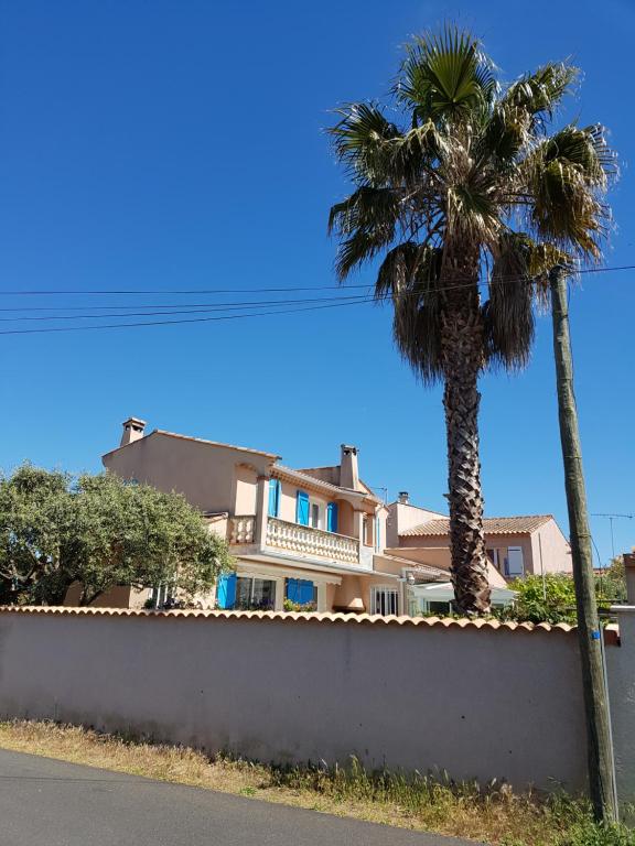 une maison avec un palmier derrière un mur dans l'établissement Appartement proche bord de mer (250m), 1er étage villa, au Grau-dʼAgde