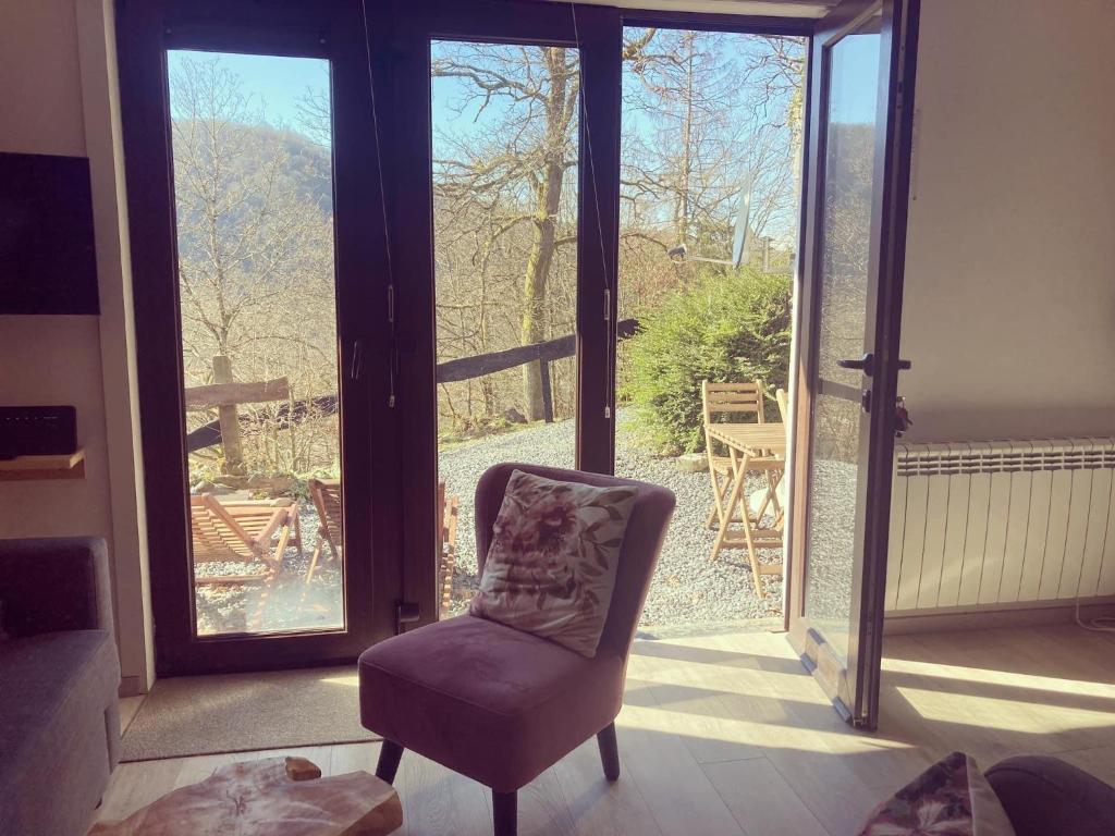 ein Wohnzimmer mit einem Stuhl und einer Glasschiebetür in der Unterkunft La méjounète de Lucie in Vresse-sur-Semois