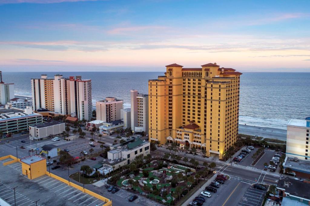 an aerial view of a city with the ocean at Hilton Grand Vacations Club Anderson Ocean Myrtle Beach in Myrtle Beach