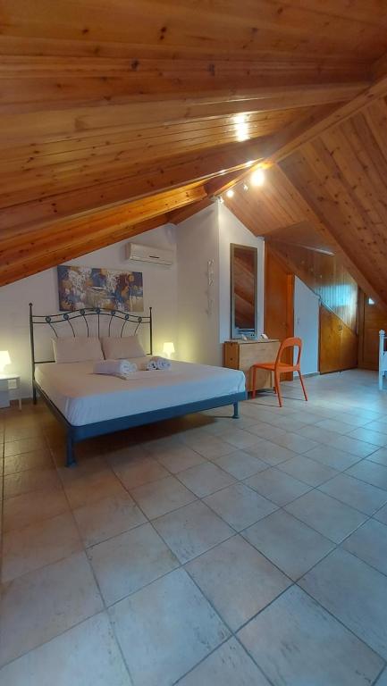 a large bedroom with a bed and a wooden ceiling at Villa Sissy Studios & Apartments in Syvota