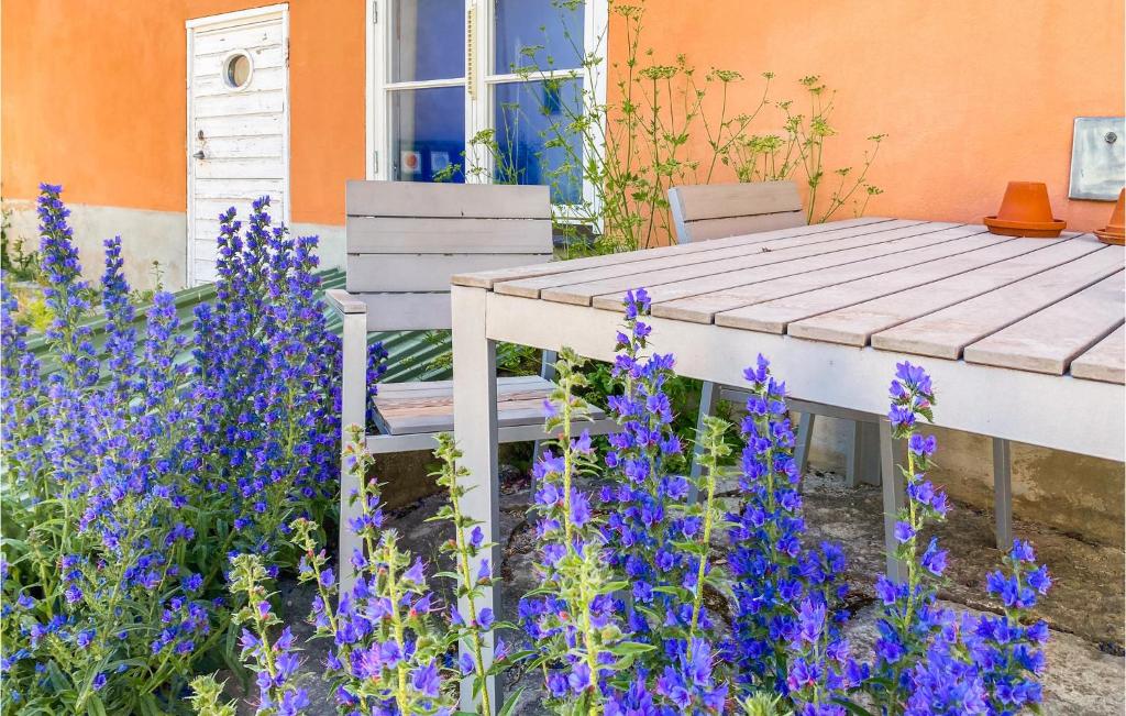 維斯比的住宿－Awesome Apartment In Visby With Wifi And 1 Bedrooms，种有紫色花卉和木桌的花园