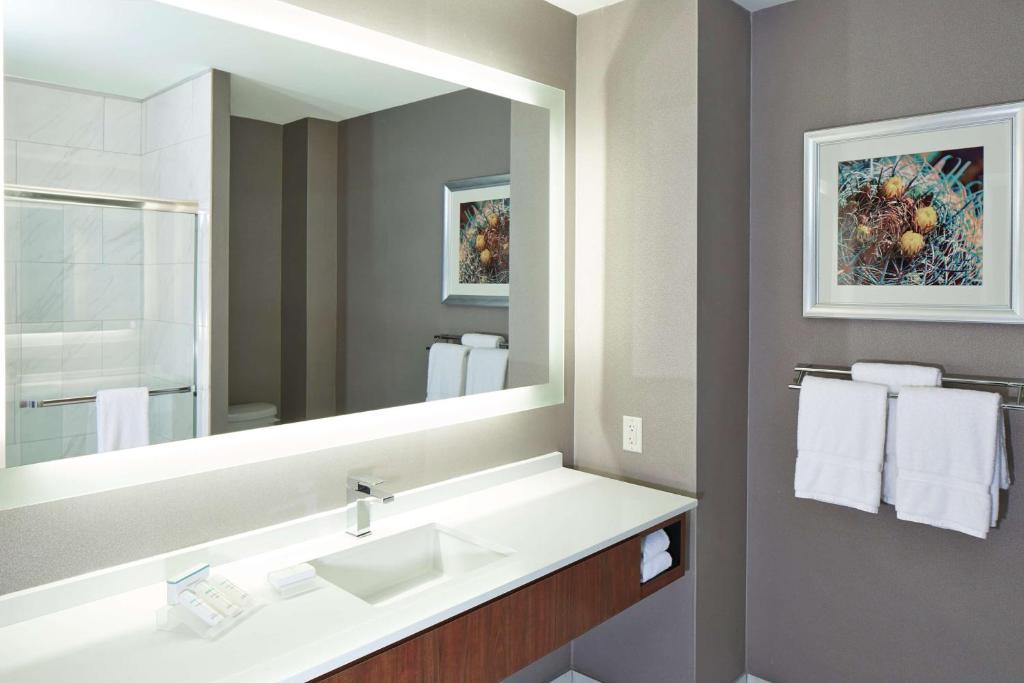 a bathroom with a sink and a large mirror at Hilton Garden Inn Phoenix Downtown in Phoenix