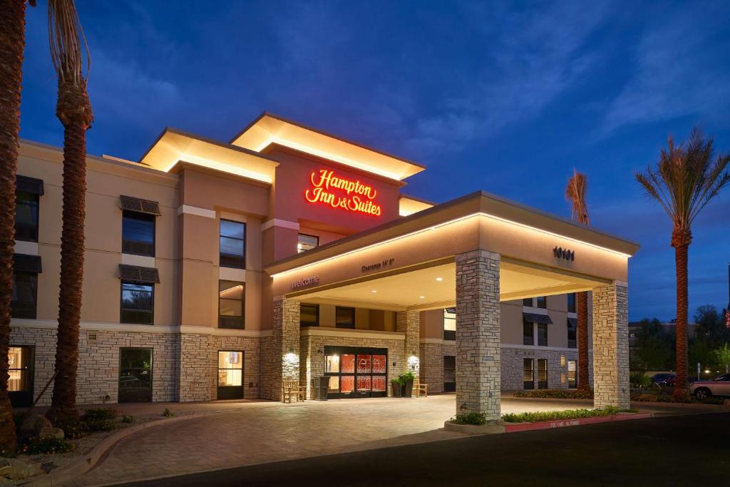 a hotel with a sign on the front of it at Hampton Inn & Suites Scottsdale On Shea Blvd in Scottsdale