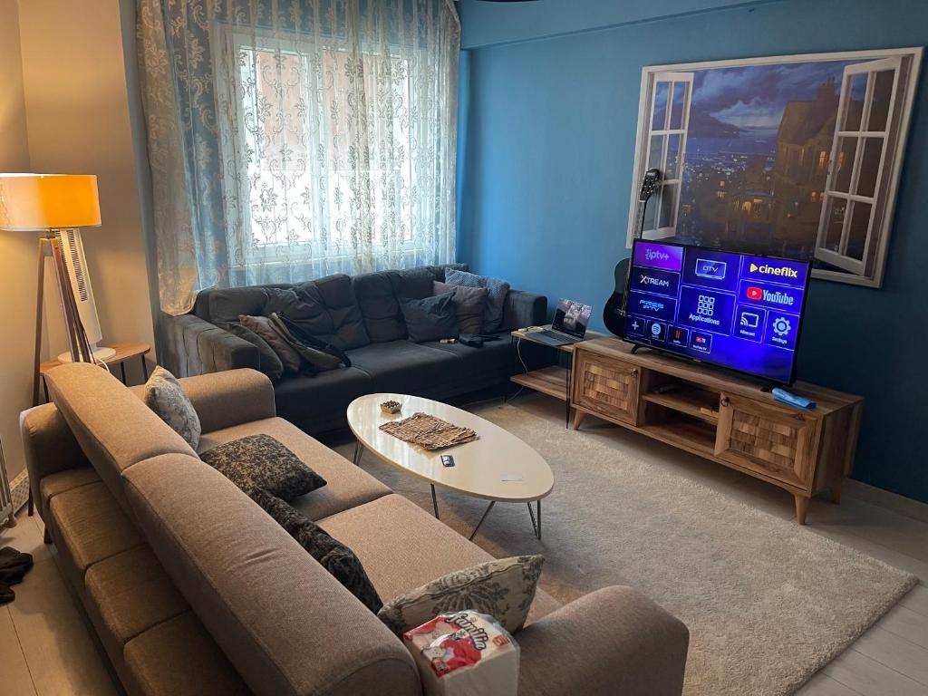 ein Wohnzimmer mit einem Sofa und einem TV in der Unterkunft Deluxe Two bedroom apartment in nışantaşı in Istanbul