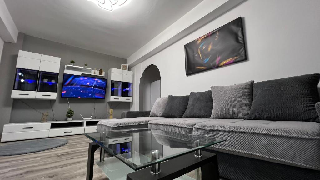 a living room with a couch and a tv at MarioApartCentralView in Timişoara