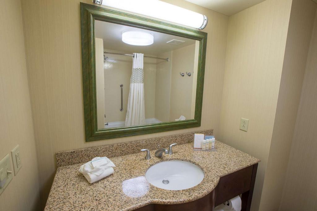 a bathroom with a sink and a large mirror at Hampton Inn & Suites Berkshires-Lenox in Lenox
