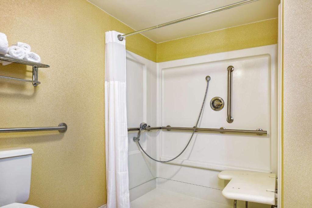 a bathroom with a shower and a toilet at DoubleTree by Hilton Johnson City in Johnson City