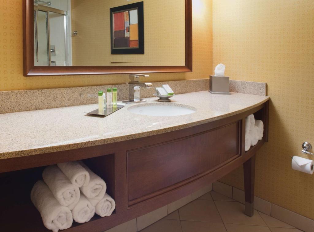 a bathroom with a sink and a mirror and towels at DoubleTree by Hilton Johnson City in Johnson City