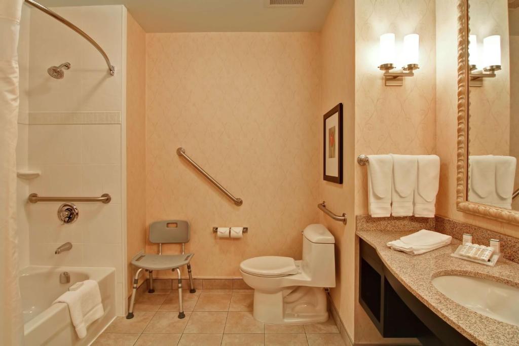 a bathroom with a toilet and a tub and a sink at Hilton Garden Inn Ottawa Airport in Ottawa