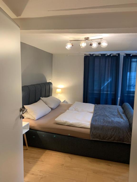 a bedroom with a large bed with blue curtains at Monteurswohnung am Ederseeradweg mit 2 Schlafzimmern, Terrasse, Parkplatz - Wohnung 1 in Waldeck