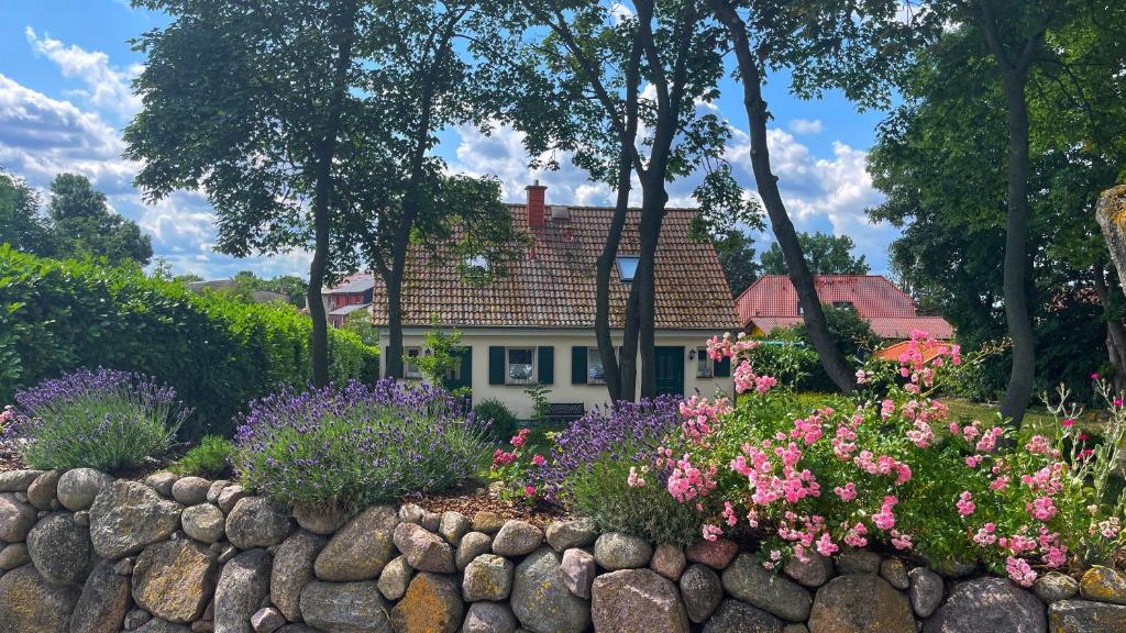a house with a garden with flowers and a stone wall at Ferienwohnung 1010 mit Seeblick in Ziemitz