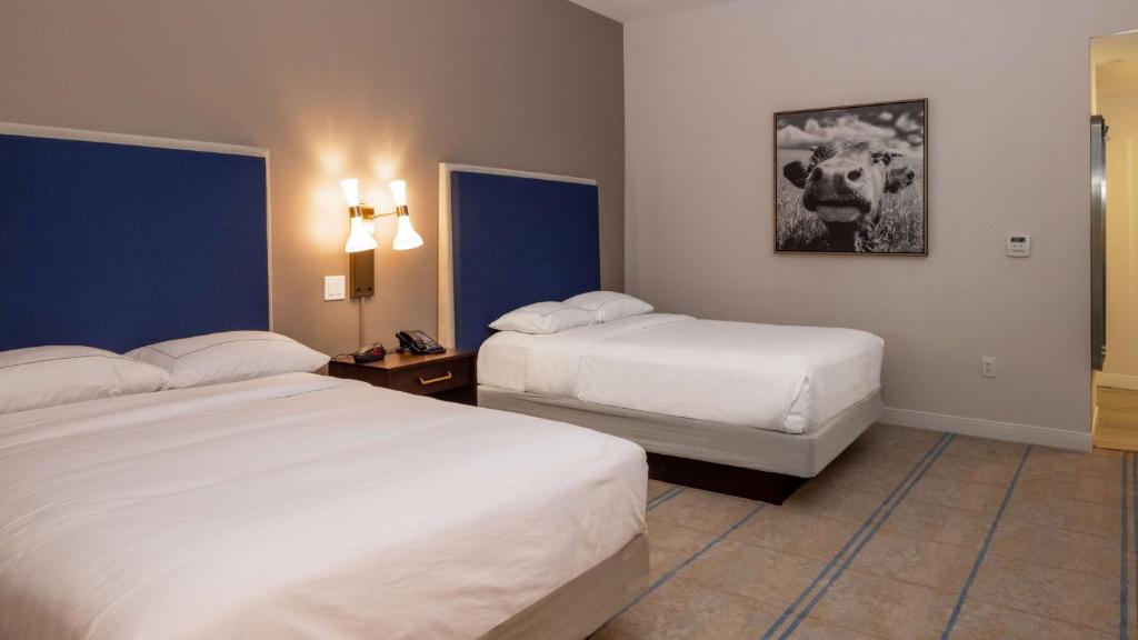 a hotel room with two beds and a picture of a cow at Hilton Austin Airport in Austin