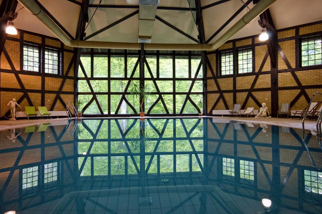 Indoor pool reflecting large windows and lush greenery outside.