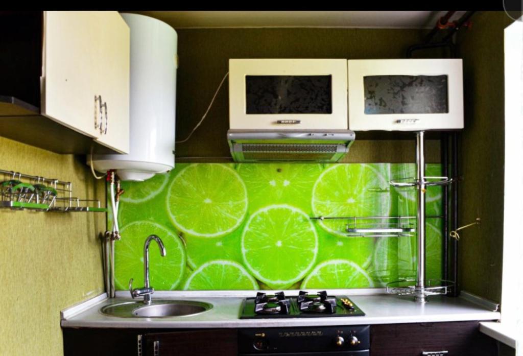 - une cuisine avec un évier et un mur vert dans l'établissement Апартаменты в стиле Loft, à Nizhnedneprovsk