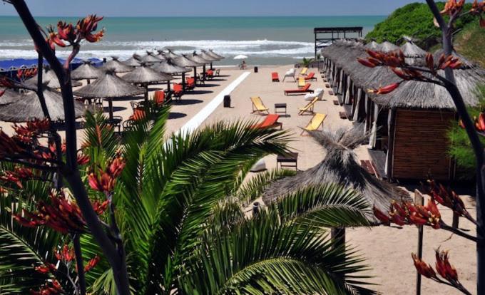 a beach with many umbrellas and chairs and the ocean at Casa zona sur mar del plata in Mar del Plata