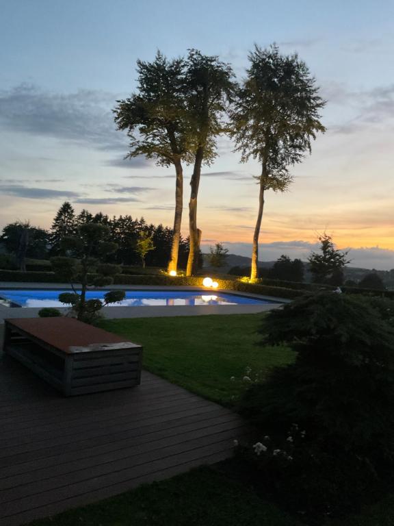 a backyard with a swimming pool and two trees at Le Stefanshof in Amblève