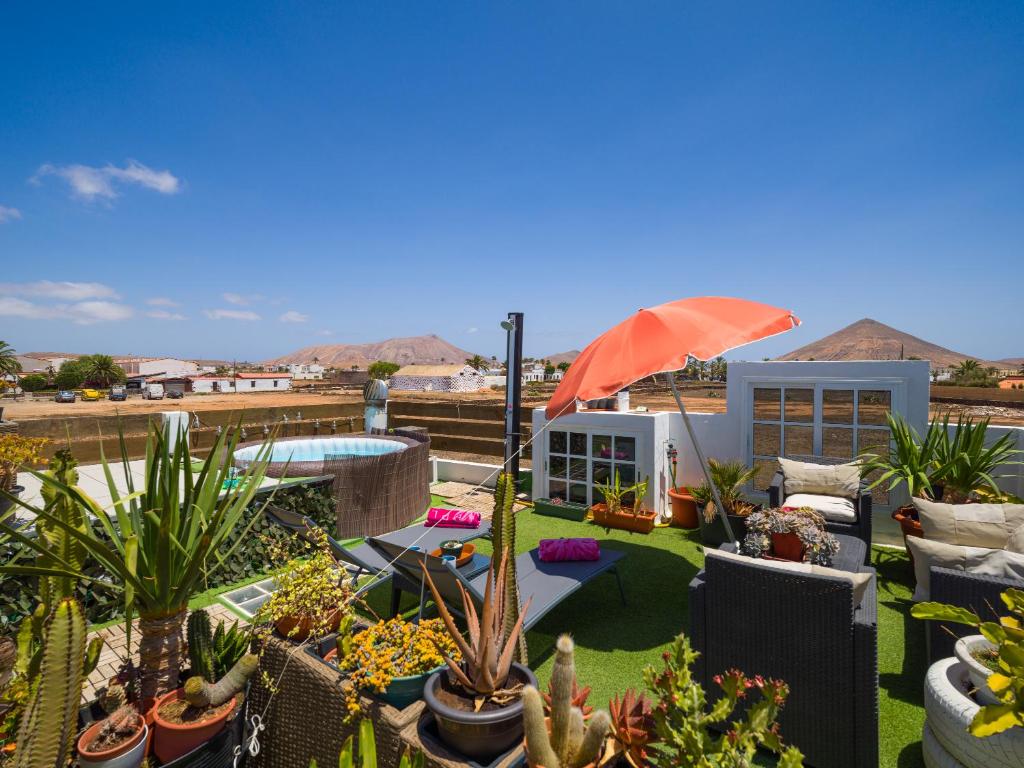 eine Terrasse mit vielen Pflanzen und einem Regenschirm in der Unterkunft Casa Las Tuneras, Solo Adultos in La Oliva
