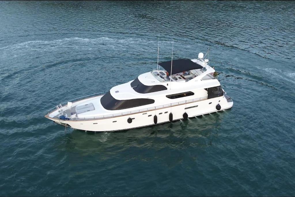 博德魯姆的住宿－Bodrum Private Yacht Rental，漂浮在水中的白色船