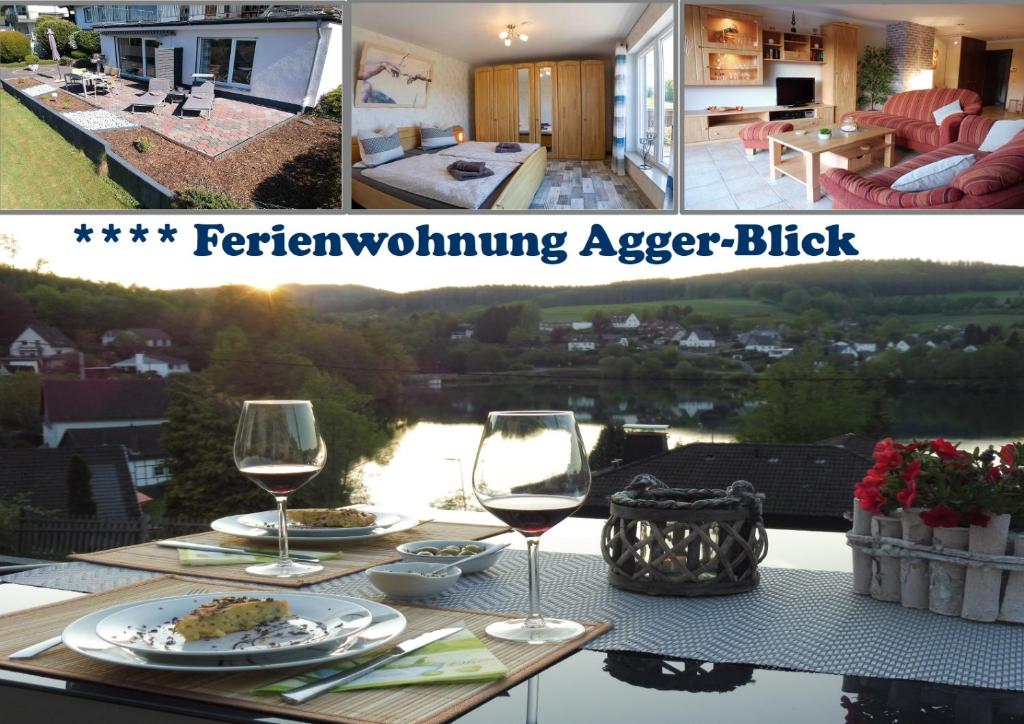 a collage of two pictures of a table with wine glasses at Exklusive Ferienwohnung 'Agger-Blick' mit großer Seeblick-Terrasse & Sauna in Gummersbach