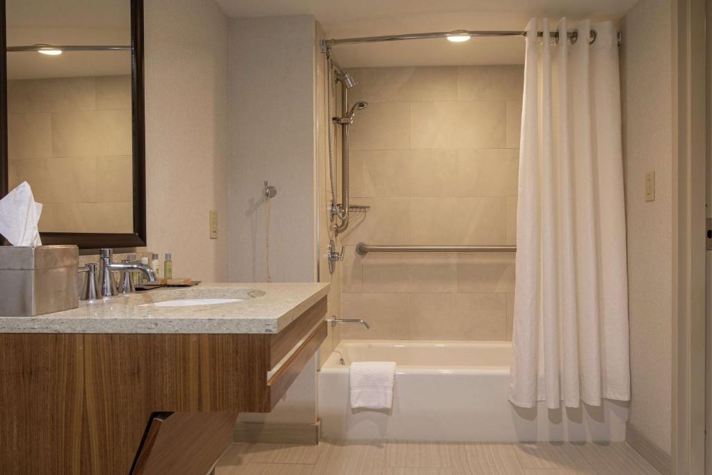 a bathroom with a shower and a sink and a tub at DoubleTree by Hilton Pittsburgh-Green Tree in Pittsburgh