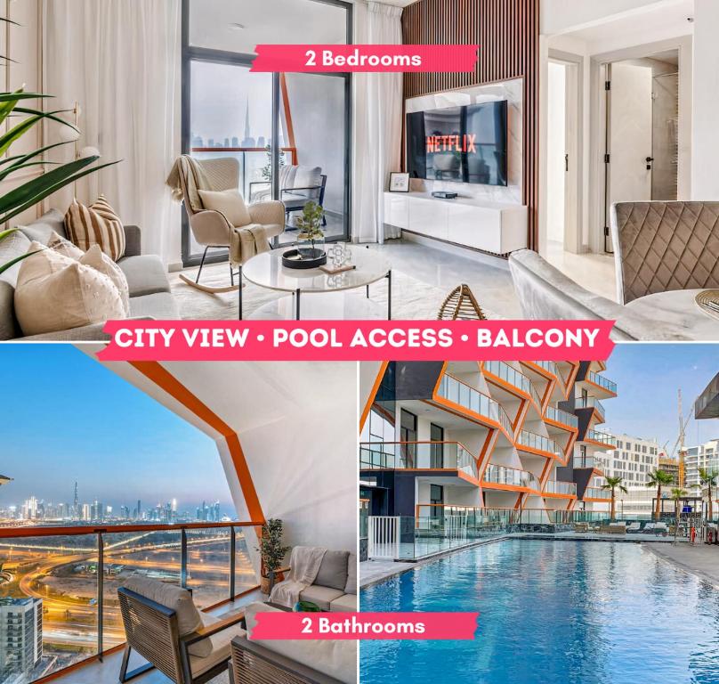 a collage of photos of a hotel room with a swimming pool at Apartment with City Skyline View Pool & Gym Access in Dubai