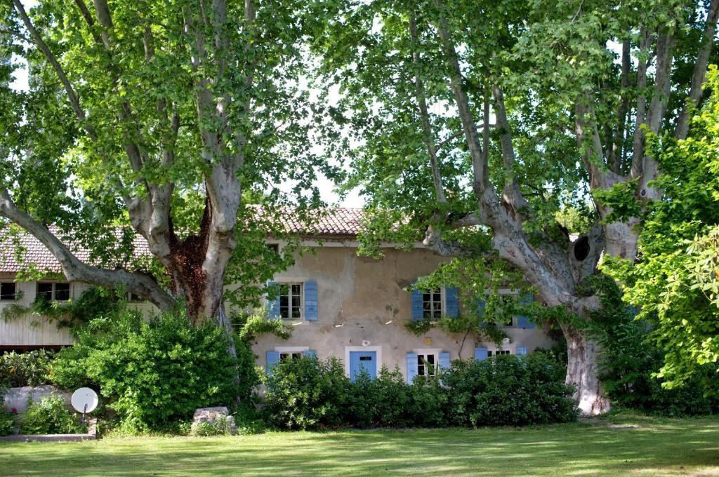 una casa vieja con árboles delante de ella en Montjoia en Le Thor