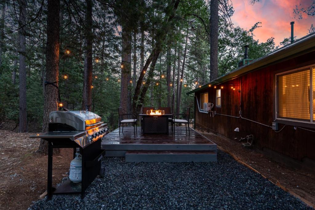 a cabin with a grill and a table in the woods at Nature's Nook - Blissful Cabin in the Woods in Placerville