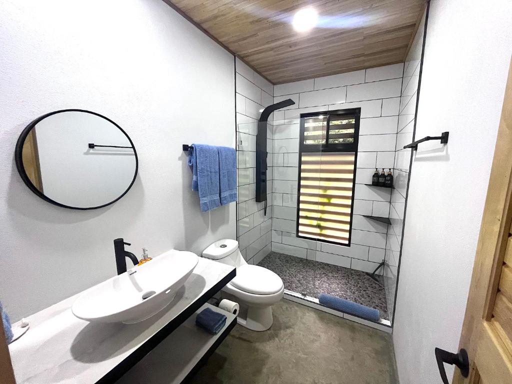 a bathroom with a sink and a toilet and a mirror at Casa Buena Karma in Ojochal