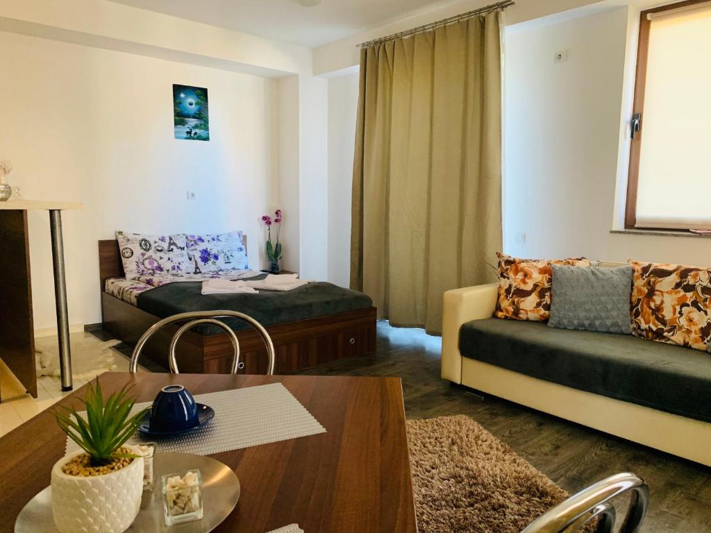 een woonkamer met een bed en een bank bij FourSeasonsApartments in Braşov
