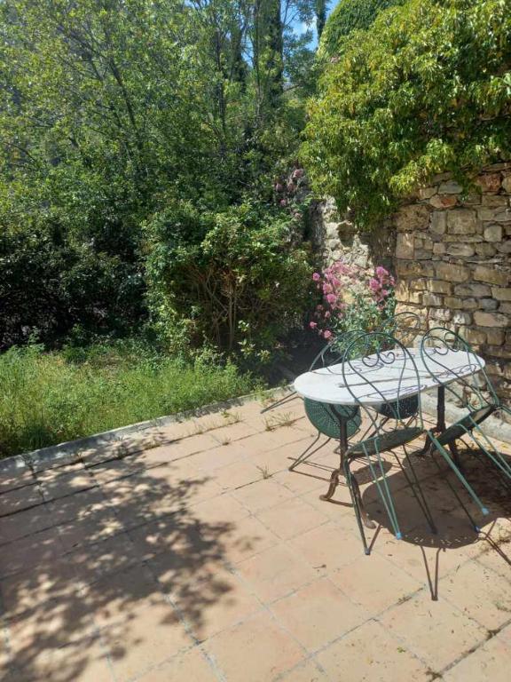 une table avec une plante dessus sur une terrasse dans l'établissement Les Colombes Vegan, à Aubres