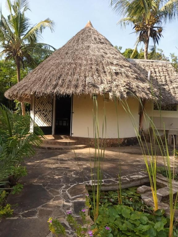 a hut with a thatched roof and a pond in front at Alooma Studio homes in Galu