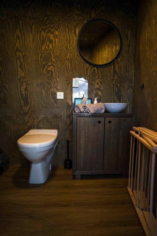 a bathroom with a toilet and a mirror at GLØD Aurora Canvas Dome in Alta