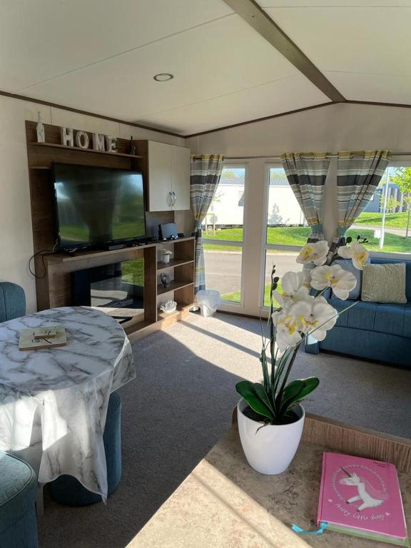 a living room with a tv and a couch and a table at luxury caravan in Tattershall