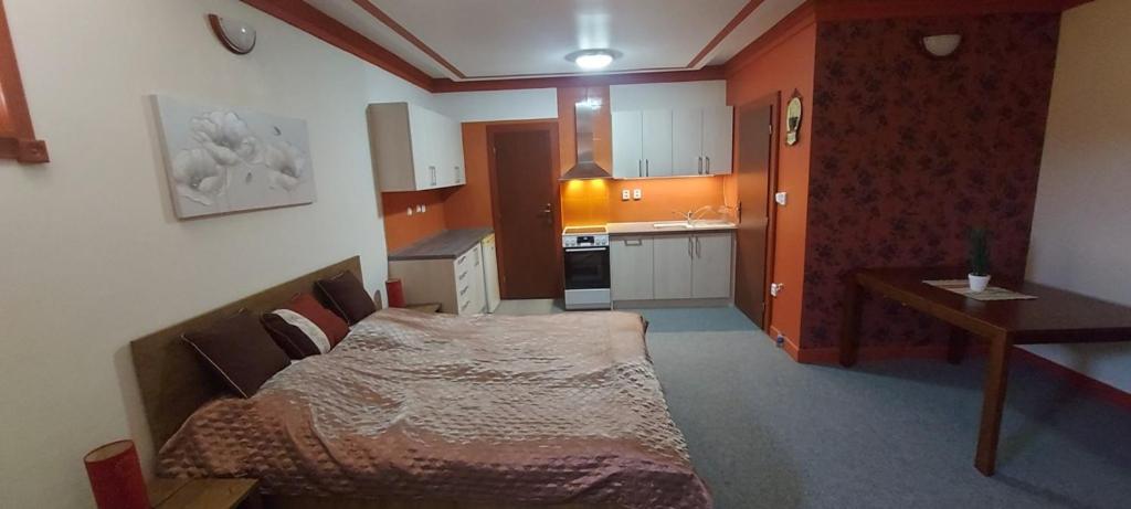 a bedroom with a bed in the middle of a room at Apartment v historickom centre in Bardejov