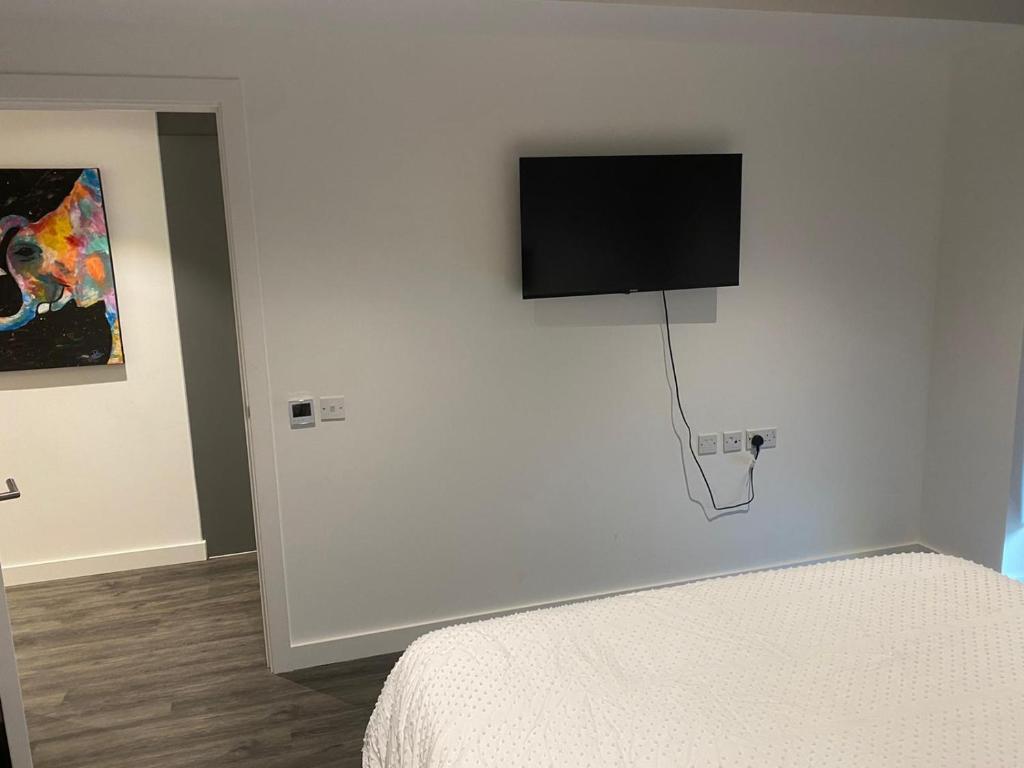 Abbey Wood的住宿－Unique comfortable Apartment，卧室配有一张床和壁挂式平面电视。
