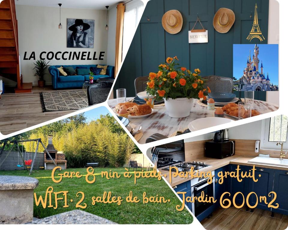eine Collage mit Fotos von einem Wohnzimmer und einem Haus in der Unterkunft La Coccinelle in Ozoir-la-Ferrière