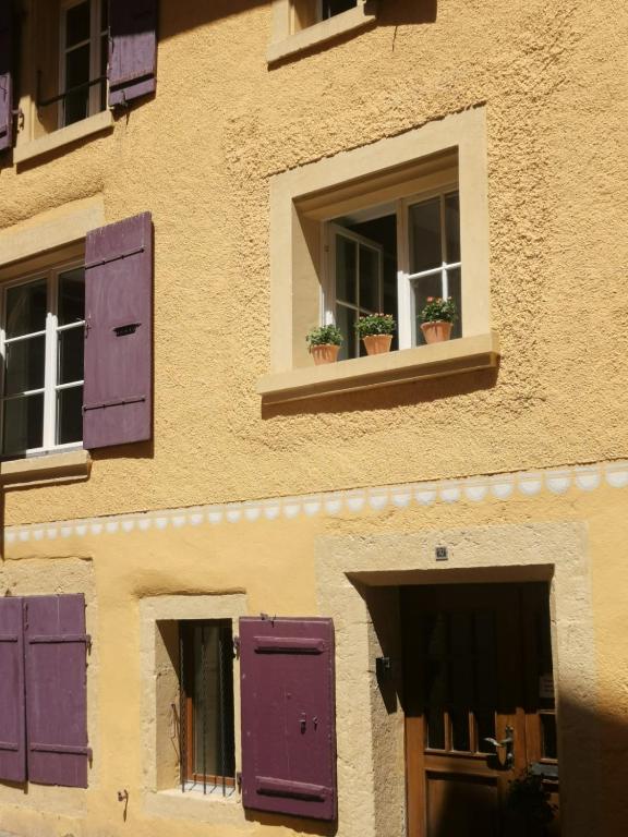 a building with purple shutters and two potted plants at La Bergerie in La Neuveville