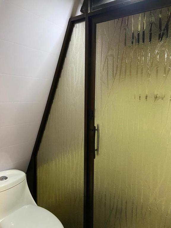 a glass shower door in a bathroom with a toilet at Pozas y Cascadas La Presa in Río Cuarto