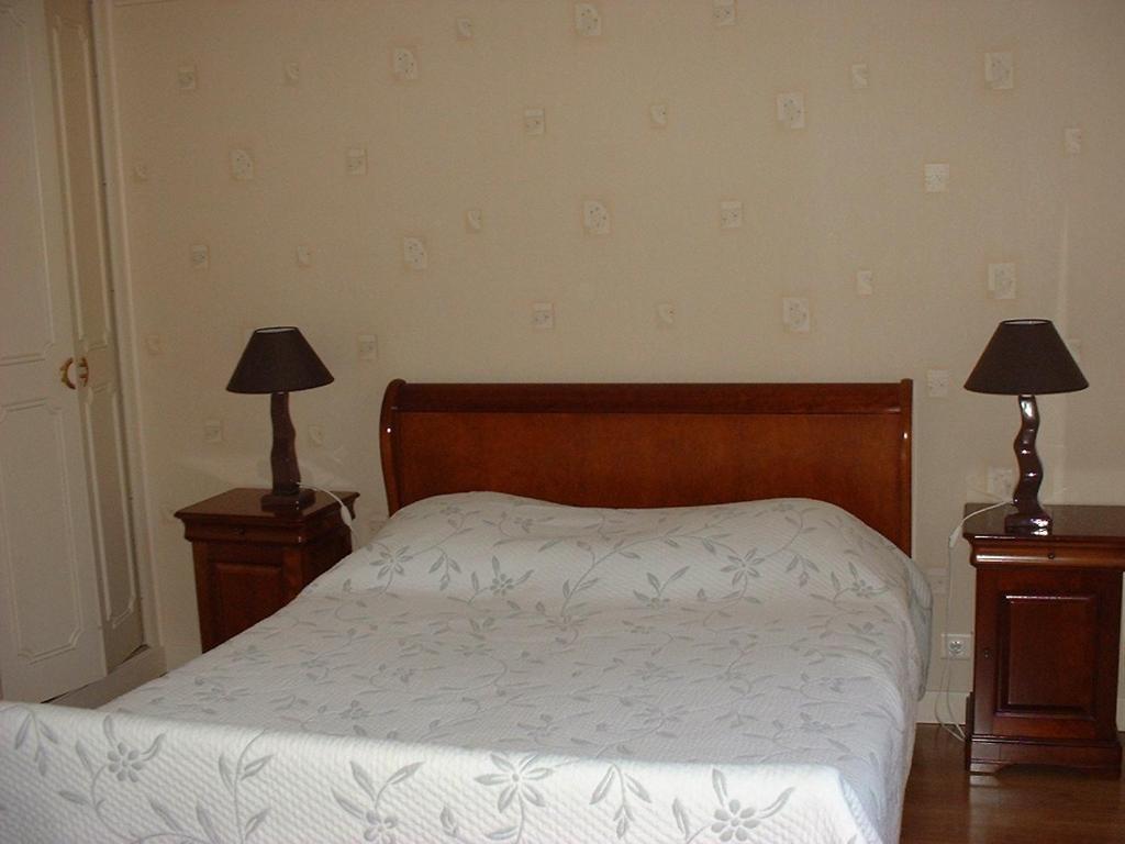 ショヴィニーにあるChambres D'hôtes Bel'vueのベッドルーム1室(ベッド1台、テーブルにランプ2つ付)