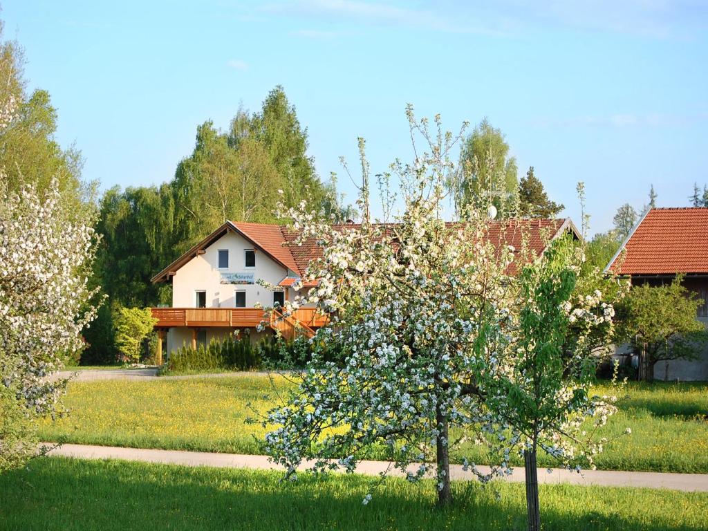 una casa en medio de un patio con un árbol en Birkenhof, en Taching am See