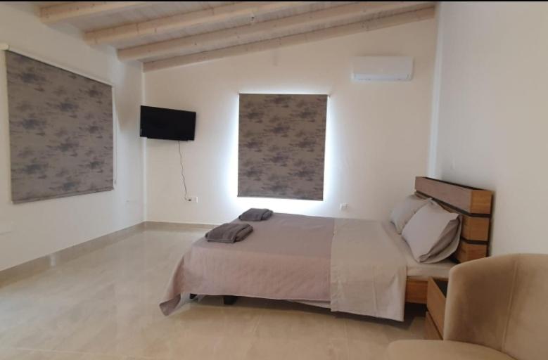 a bedroom with a bed and a television and a chair at Village Gem Peledri Studio in Pelendri